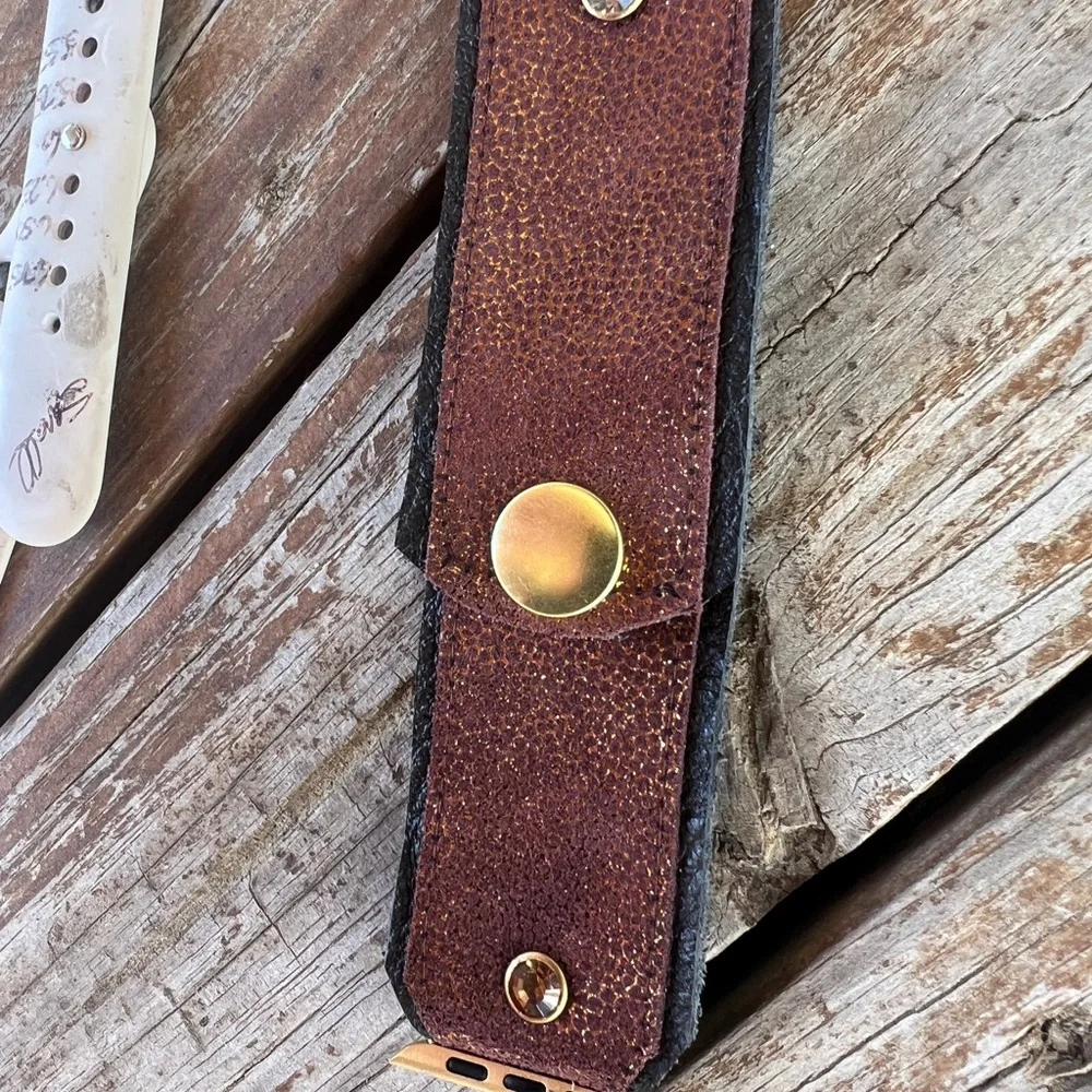 Brown glittery Leather on off black leather Apple Watch band